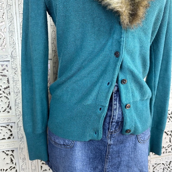 cAbi Blue Teal Faux Fur Collar Button Up Long Sleeve Coquette Twee Cardigan Sz S - Picture 3 of 9